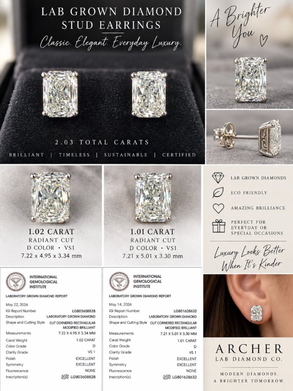 2.03 CTW Radiant Lab Diamond Earrings D VS1 14K White Gold IGI
